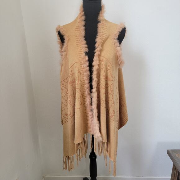 Camel Brown Tan Shawl‎ Wrap Scarf Faux Fur Pattern Western Boho One Size Western - Picture 1 of 16